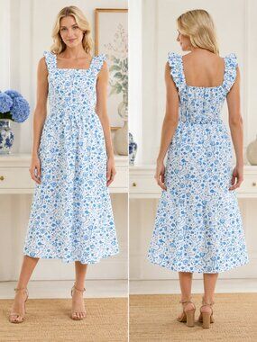 Draper James Blue Floral Cotton Smocked Maxi Dress Cottagecore XXL Feminine
